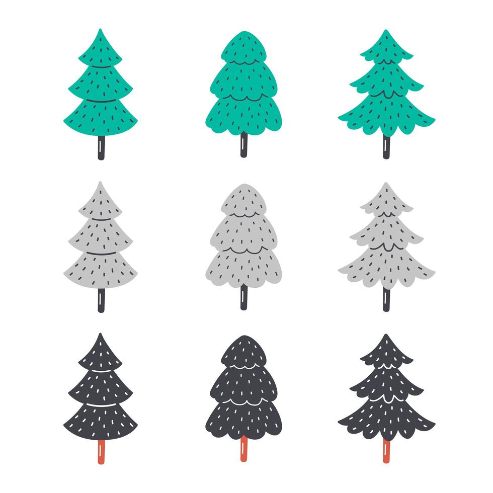 Hand drawn flat christmas trees. vector