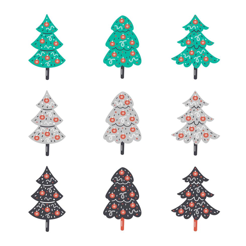 Hand drawn flat christmas trees with decorations vector