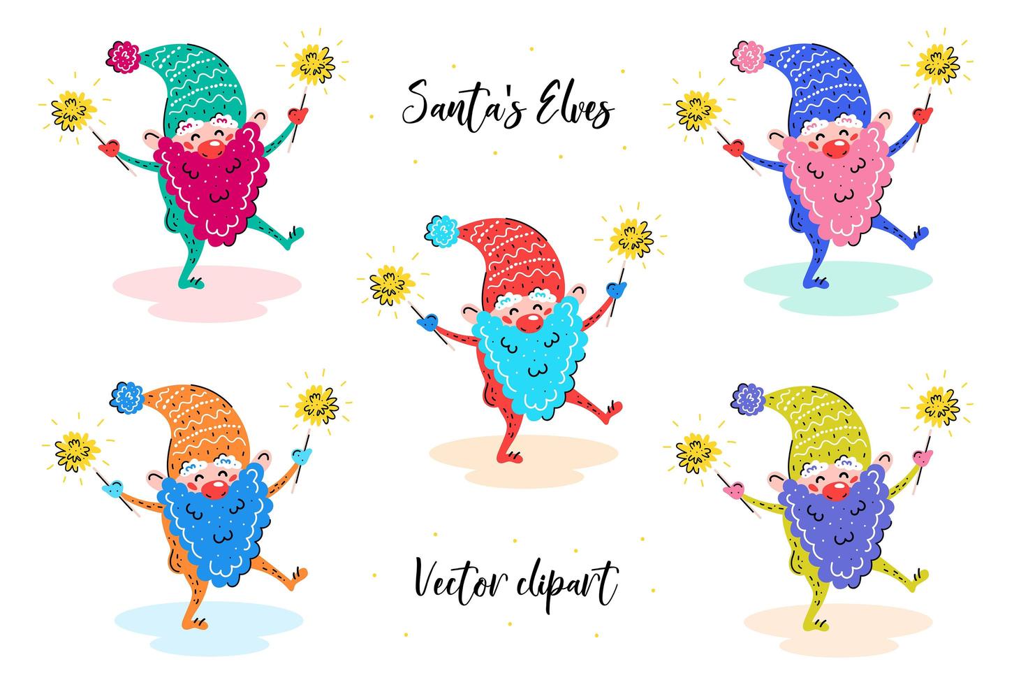 Santa Elves with sparklers hand drawn set vector