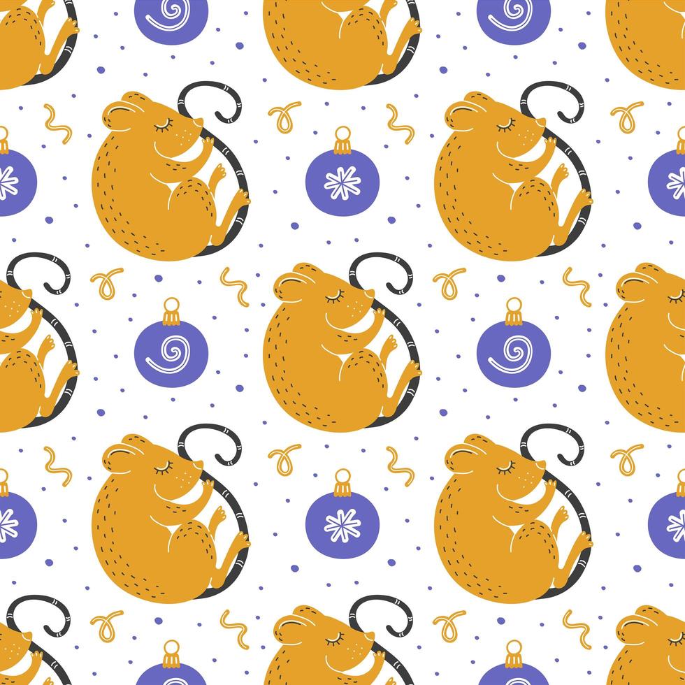 Hand drawn flat mice with Christmas tree ornaments pattern vector