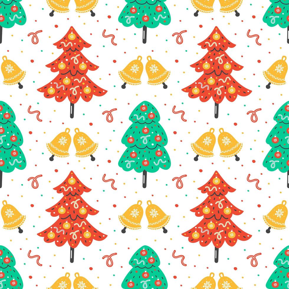 Hand drawn flat christmas trees with jingle bells print vector