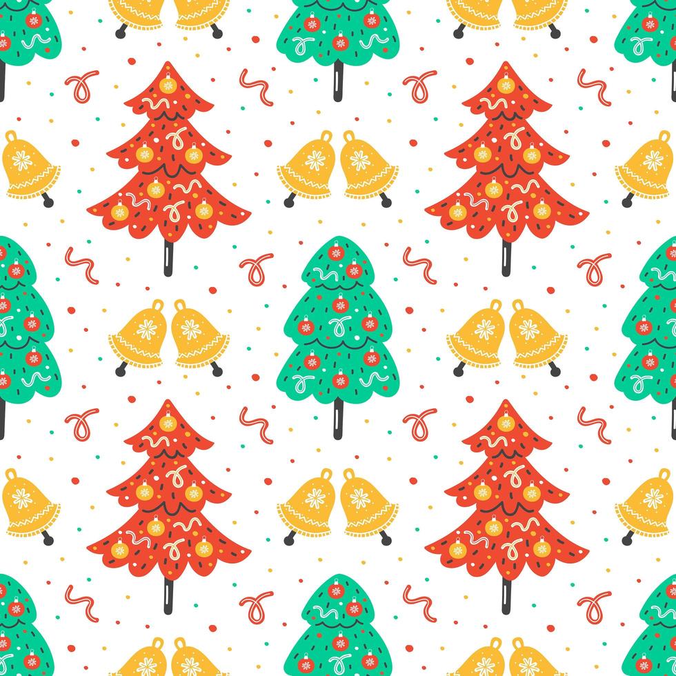 árboles de navidad planos dibujados a mano con estampado de cascabeles vector