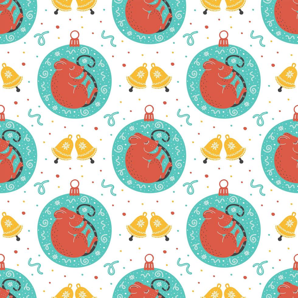 Hand drawn Christmas mouse in ornaments seamless pattern vector