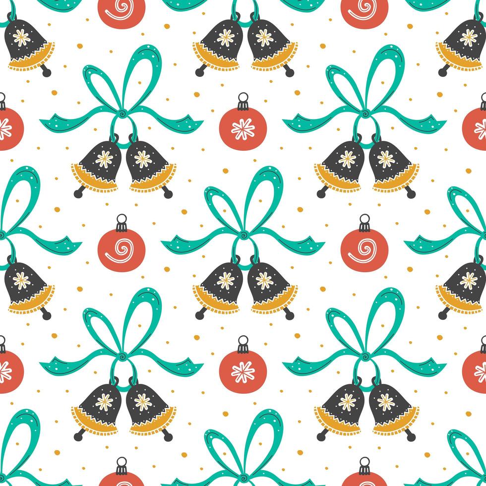 Hand drawn jingle bells, ribbons and christmas toys pattern vector