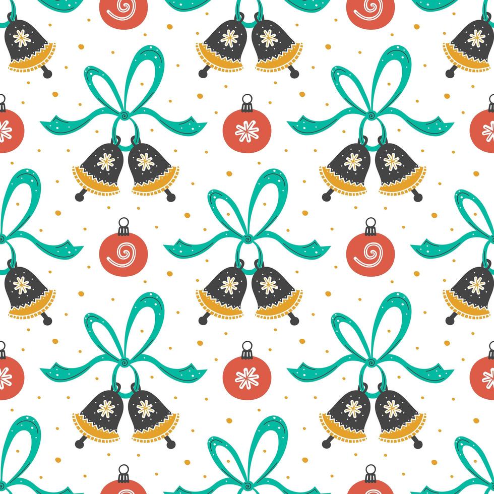 Hand drawn jingle bells, ribbons and christmas toys pattern vector