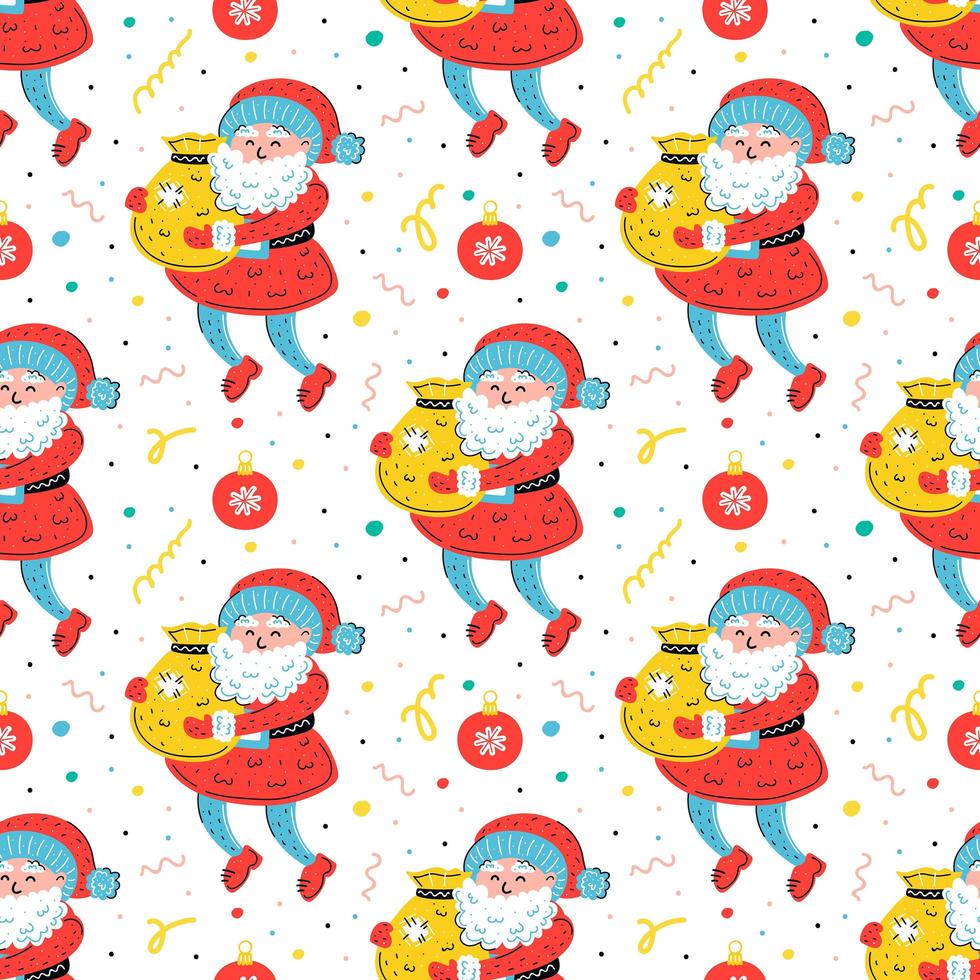 Santa Claus with sack hand drawn seamless pattern vector