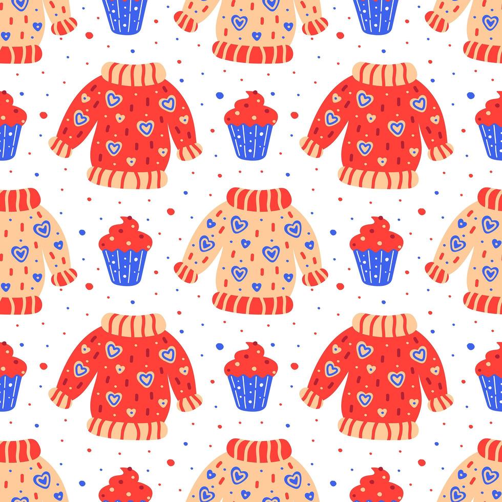 Hand drawn flat sweaters with muffins pattern vector