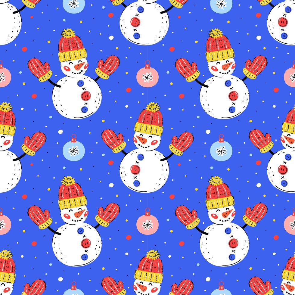 Snowmen with christmas tree ornaments hand drawn seamless pattern vector