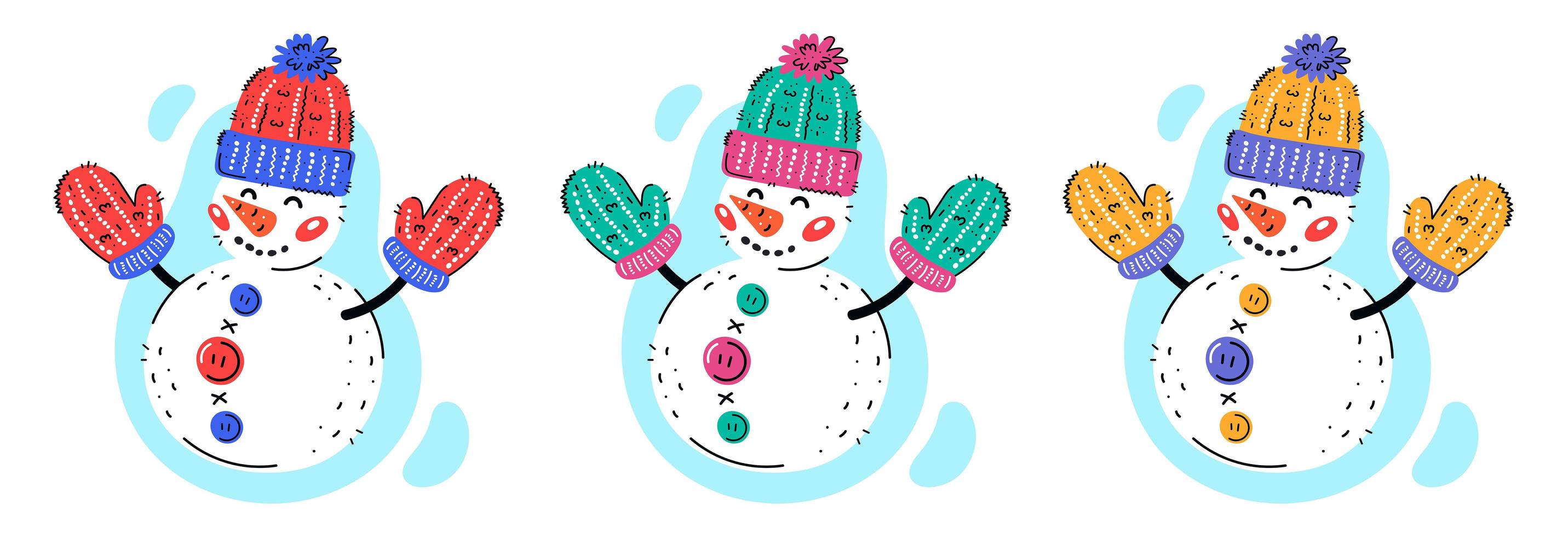 muñecos de nieve con gorro de lana y guantes vector