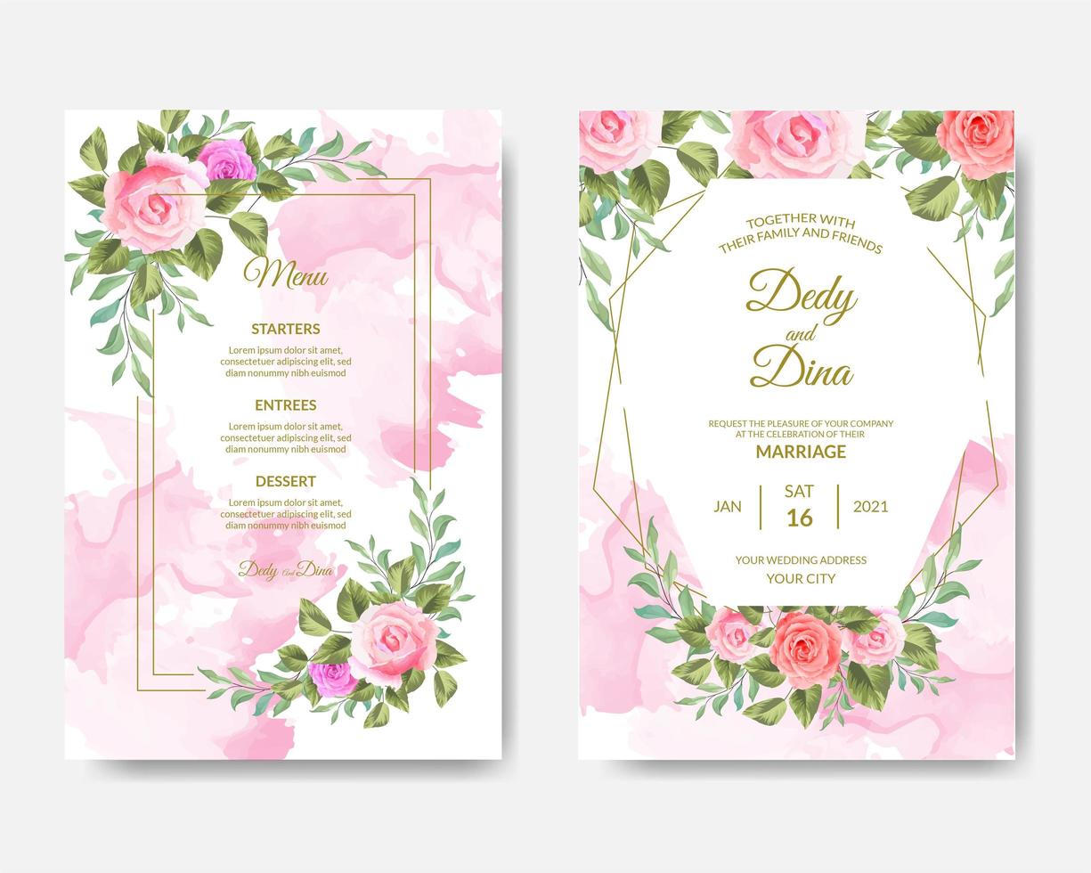 Beautiful pink watercolor and roses wedding card set vector