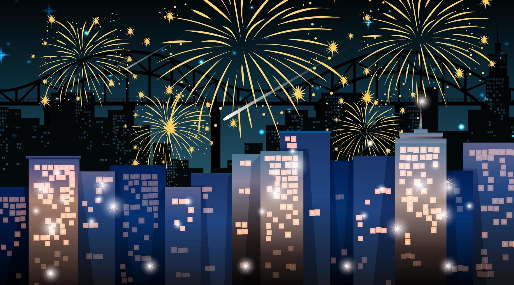 Cityscape with beautiful celebration fireworks scene vector