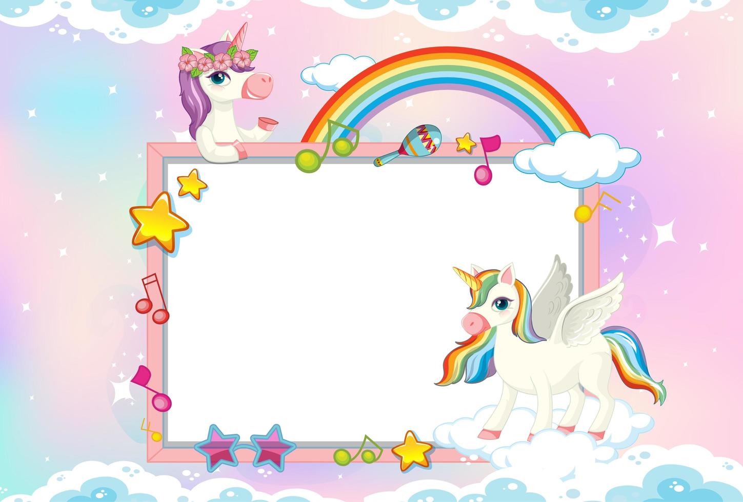 Blank banner with cute unicorns in sky vector