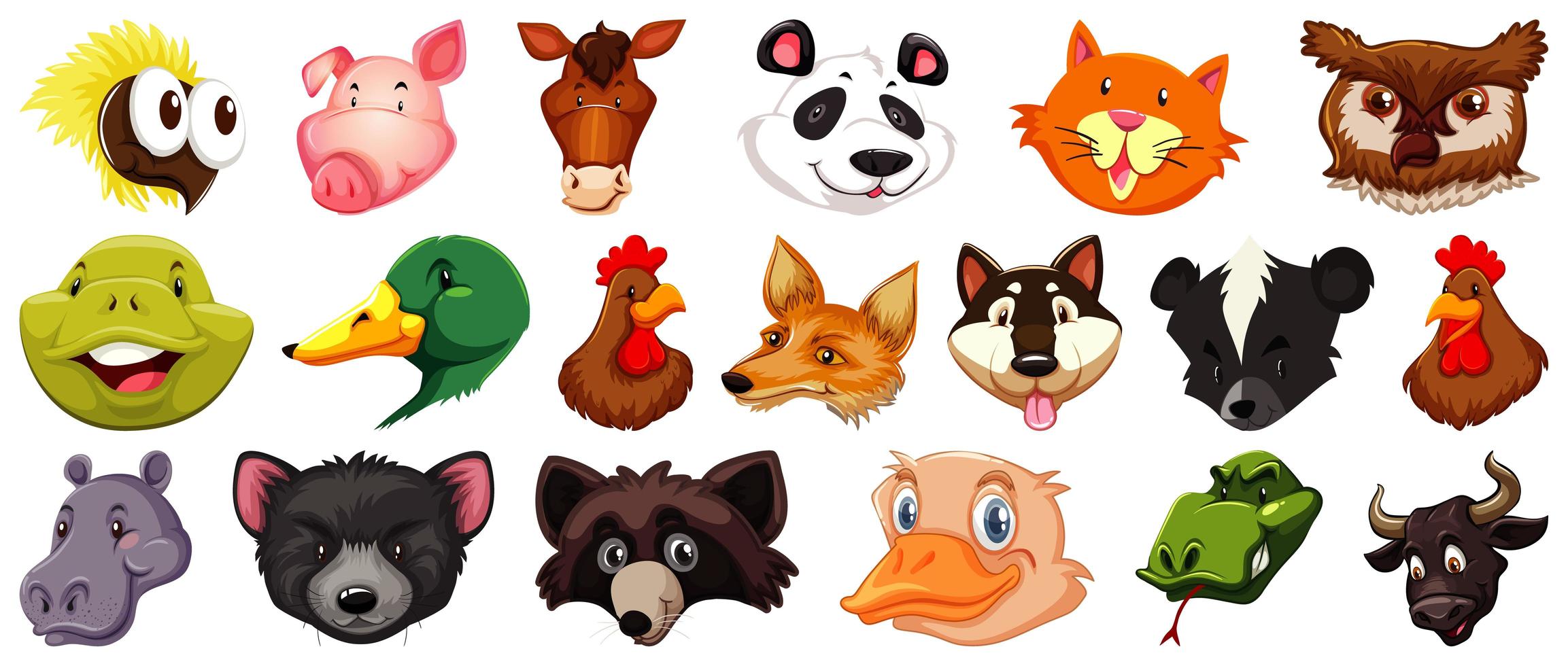 Set of different cute cartoon animal head s vector