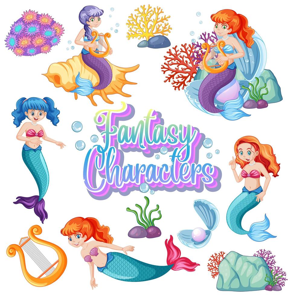 Fantasy characters text with mermaids on white vector