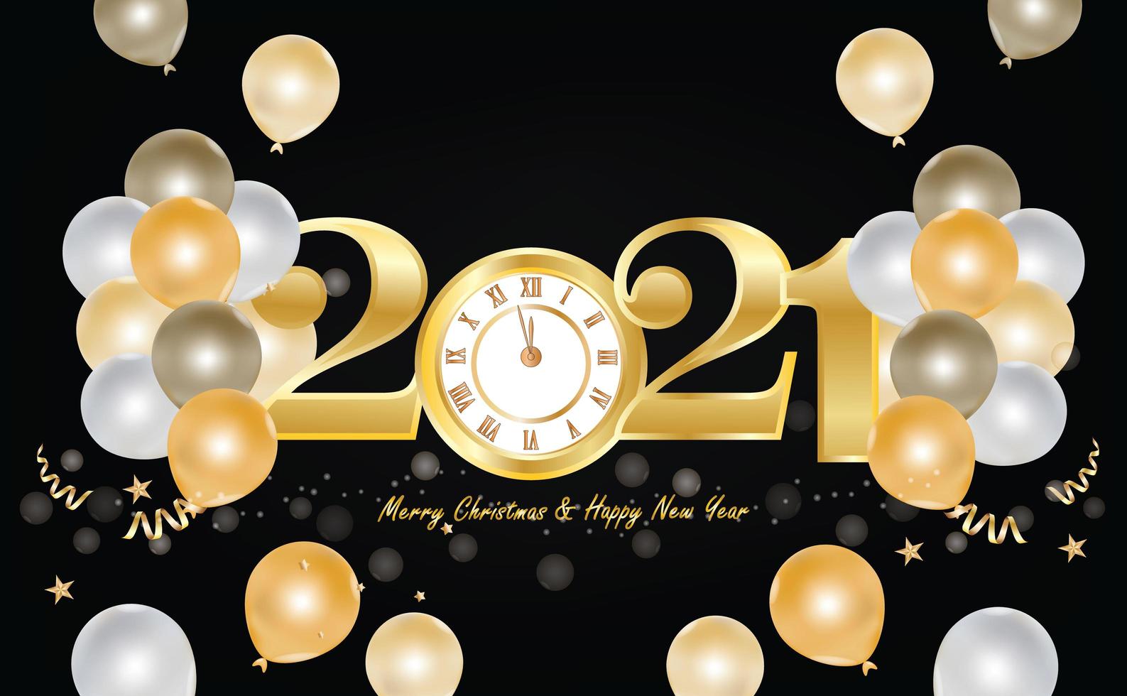 Happy New Year 2021 design with gold clock and ballons vector