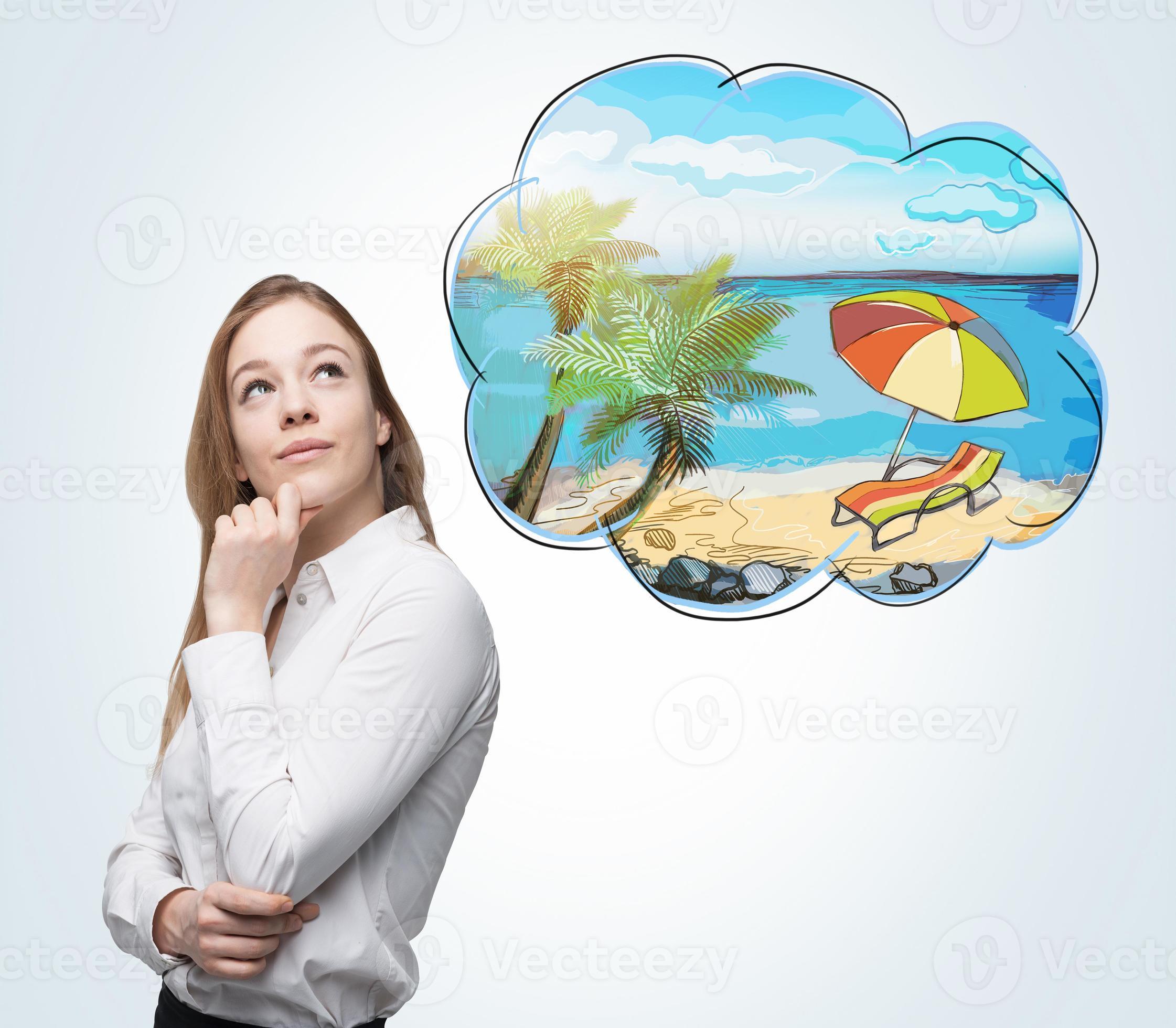 woman who dreams about summer vacation on the beach 1356650 Stock Photo at Vecteezy