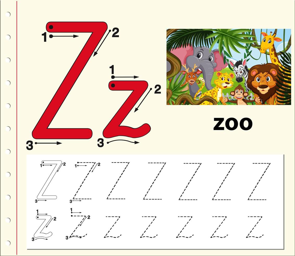 Letter Z tracing alphabet worksheet with zoo vector