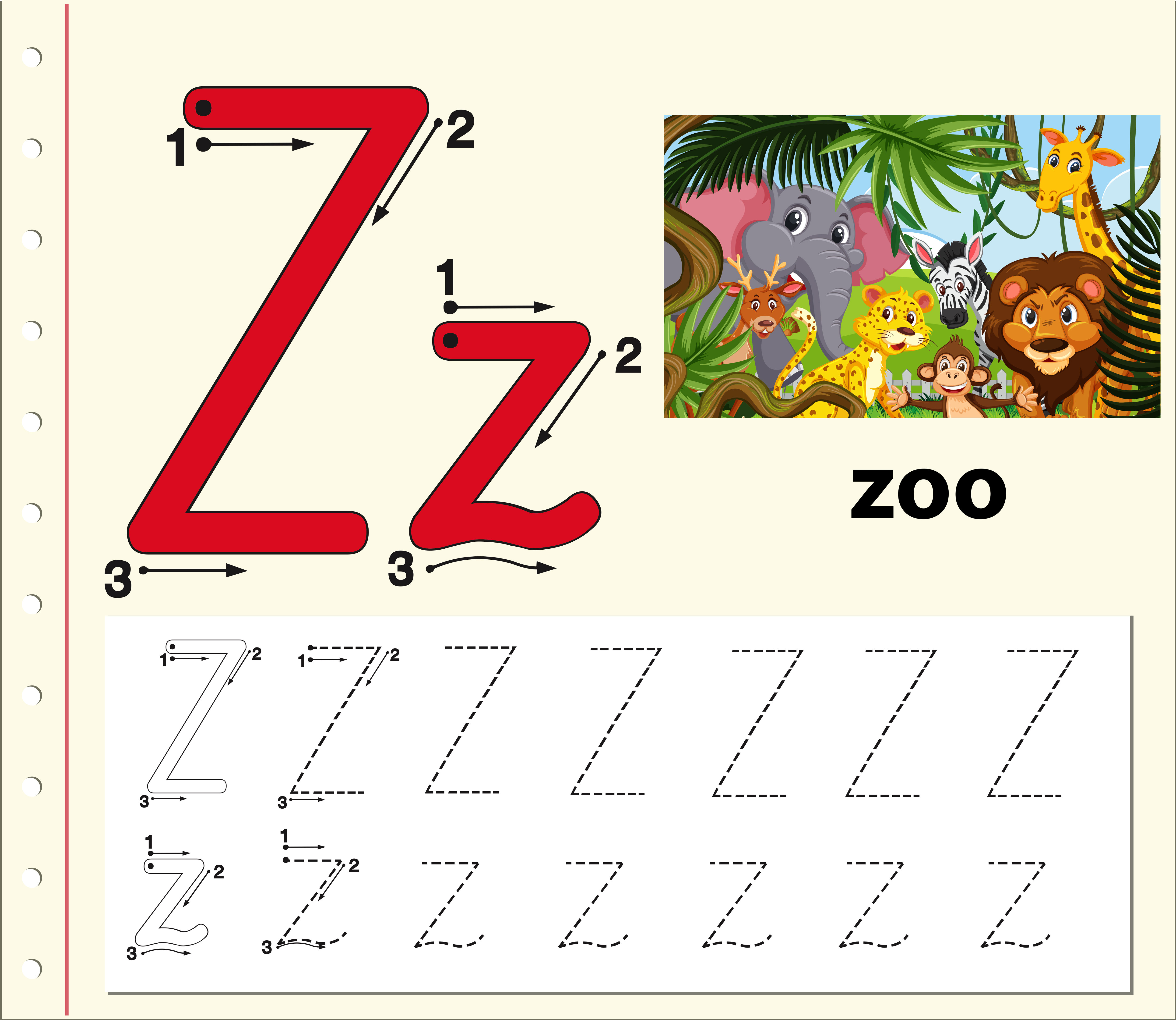 letter z tracing alphabet worksheet with zoo 1361035 vector art at vecteezy