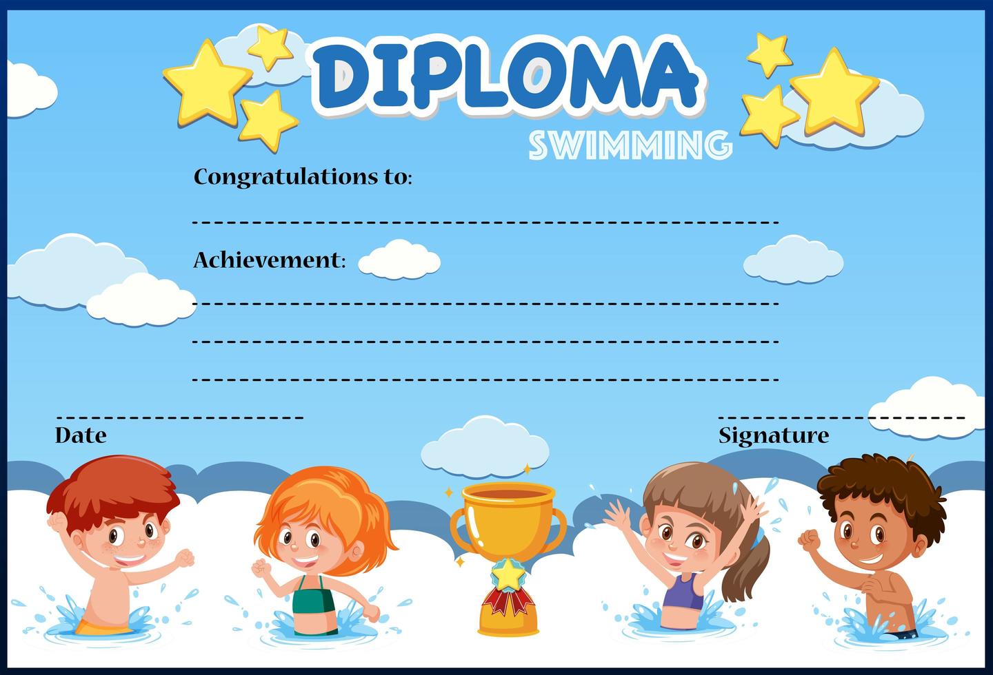 plantilla de certificado de diploma de natación para niños vector