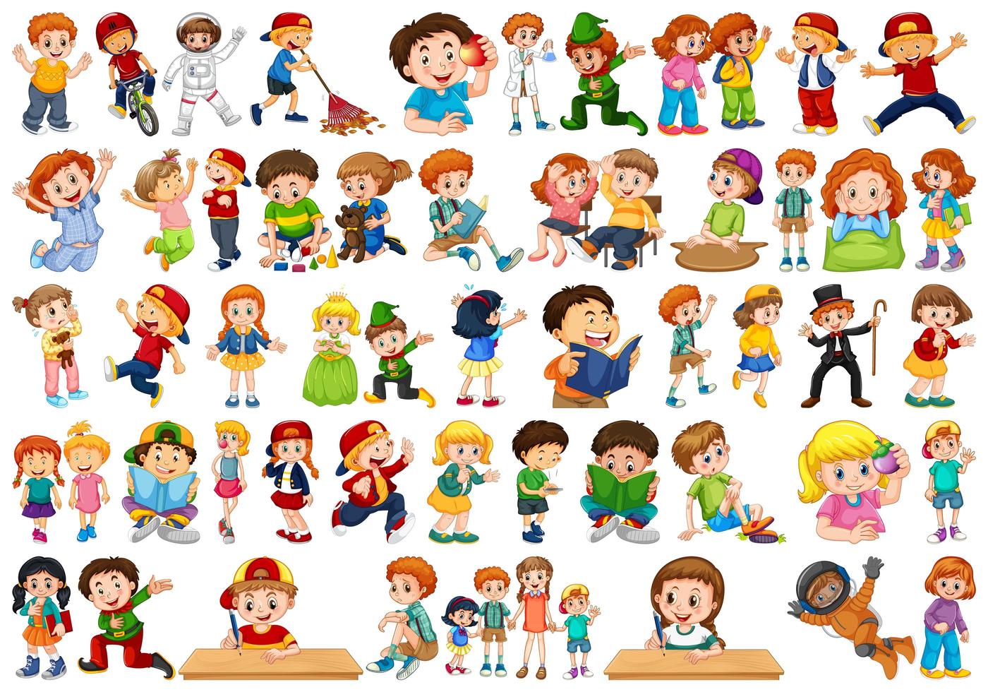 gran grupo de niños realizando diferentes actividades. vector