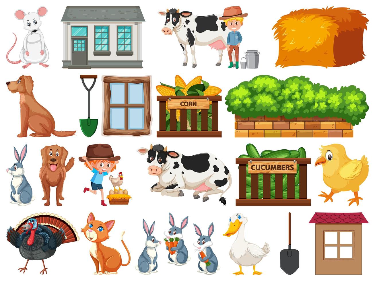 Large set of isolated farm objects on white vector