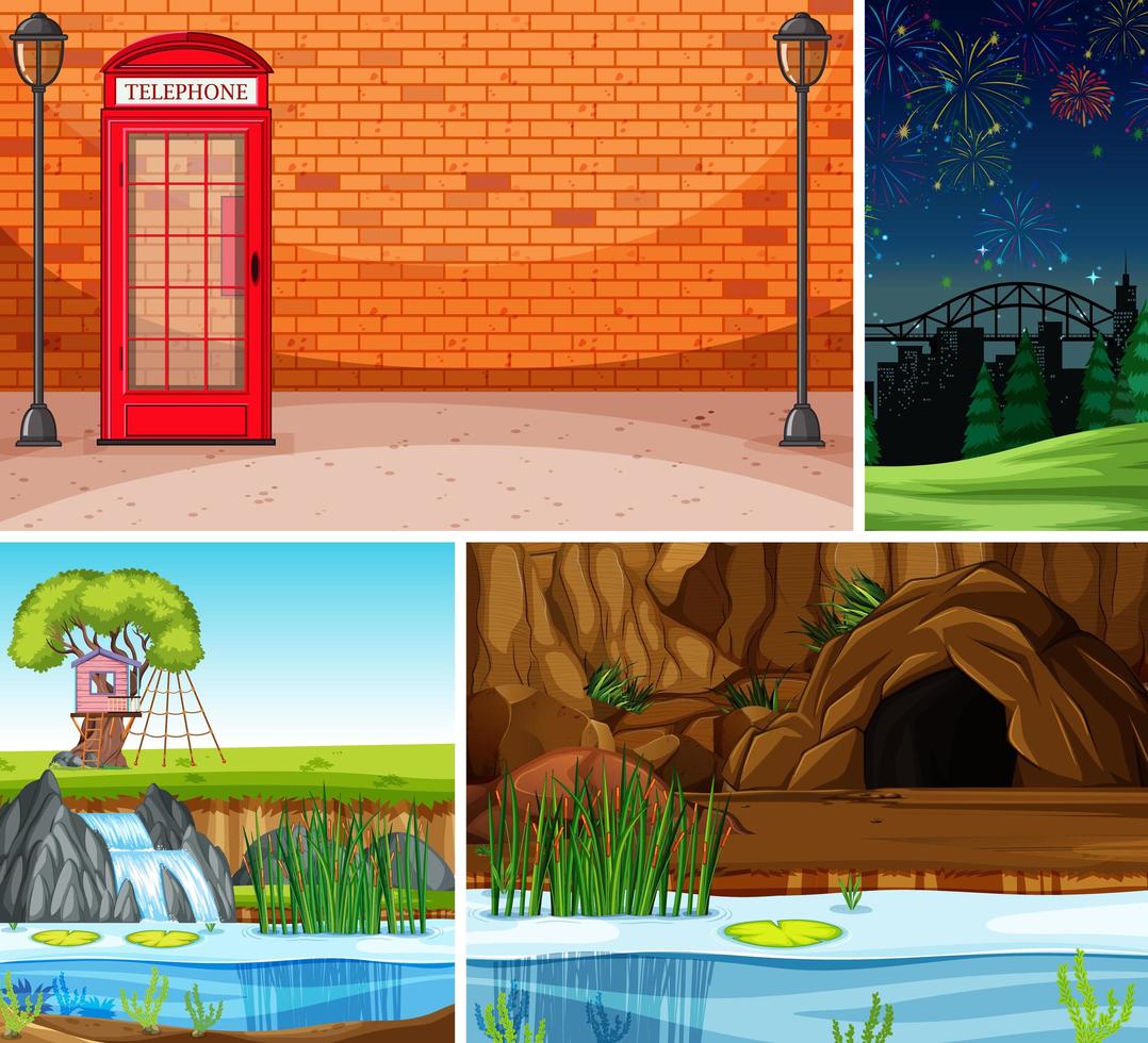 Four different scenes in cartoon style vector