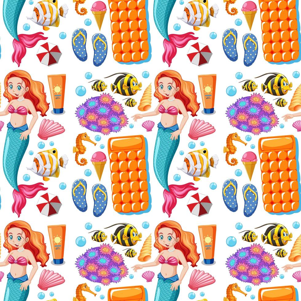 Seamless mermaid and summer icon cartoon character  vector