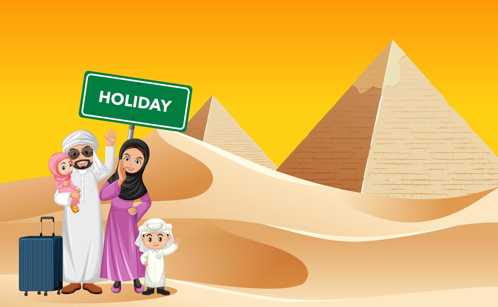 familia árabe de vacaciones en un entorno de pirámides vector