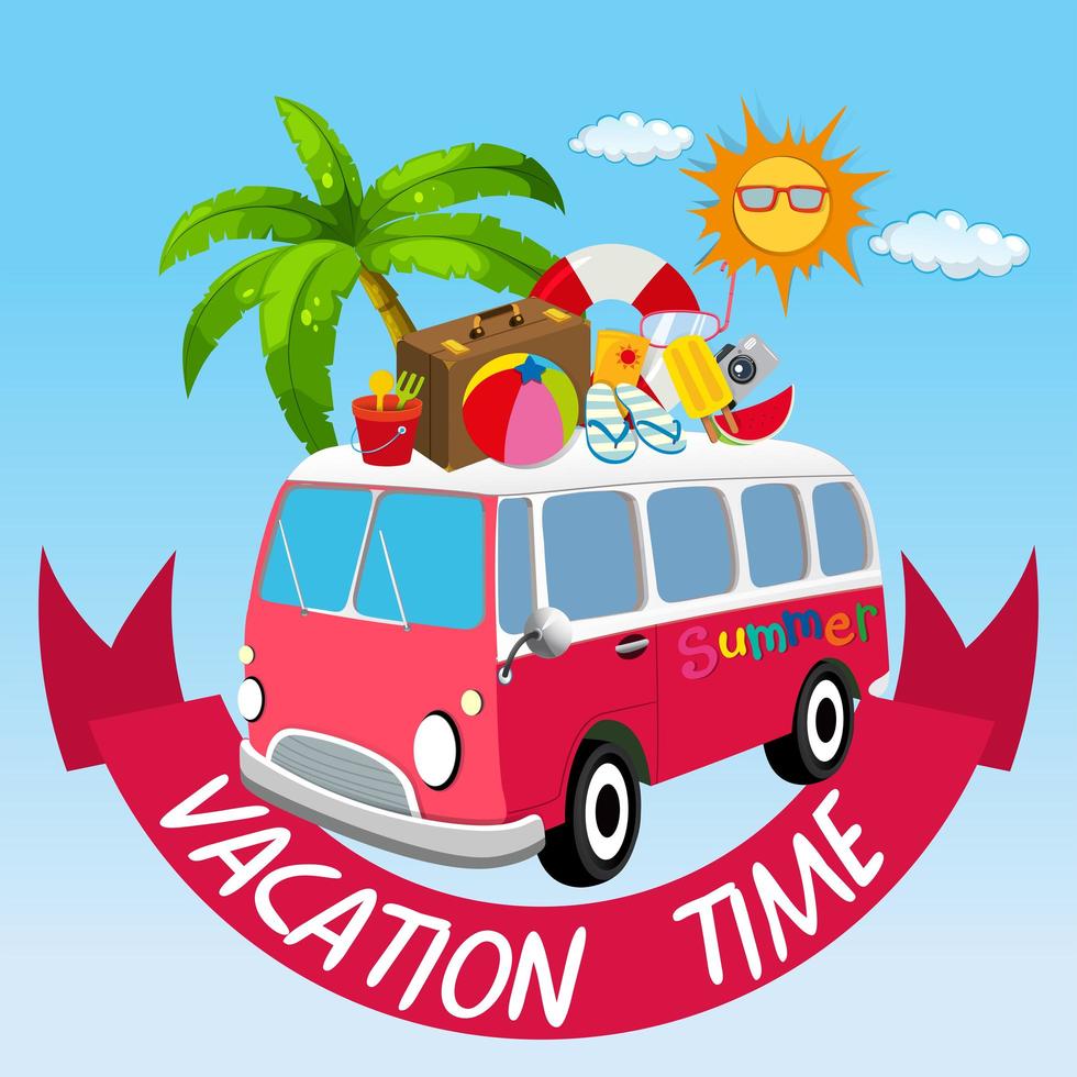 Vacation theme with van and summer objects vector