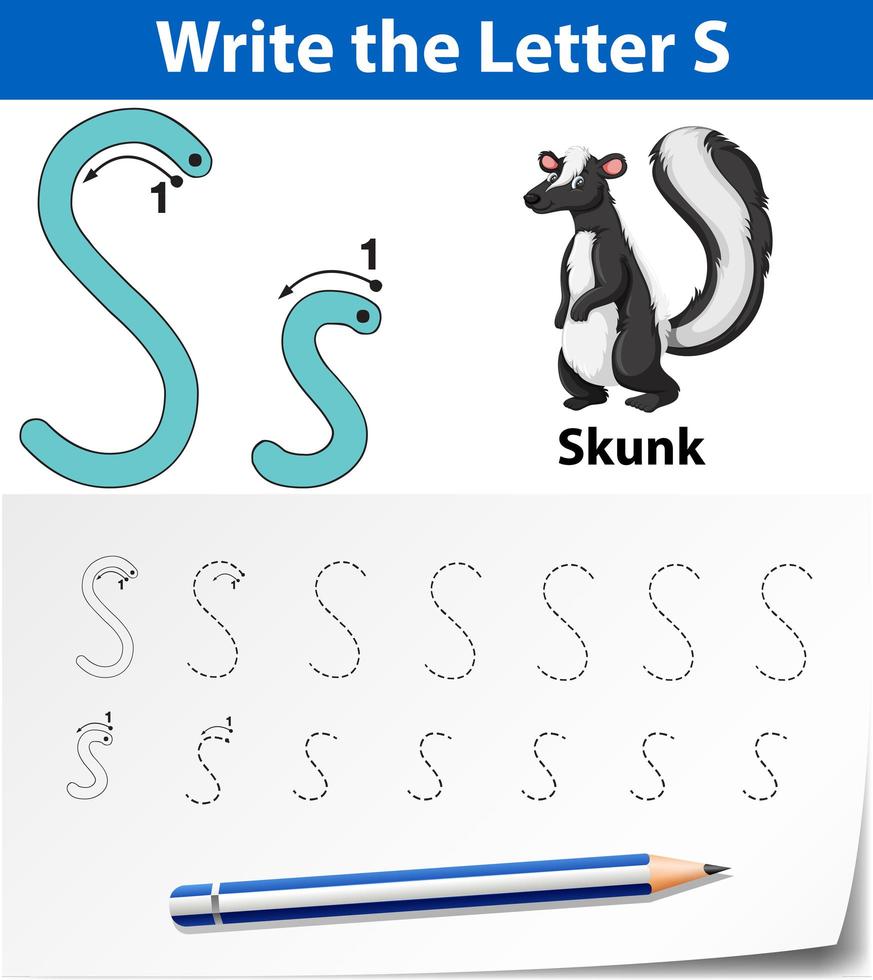 Letter S tracing alphabet worksheet with skunk  vector