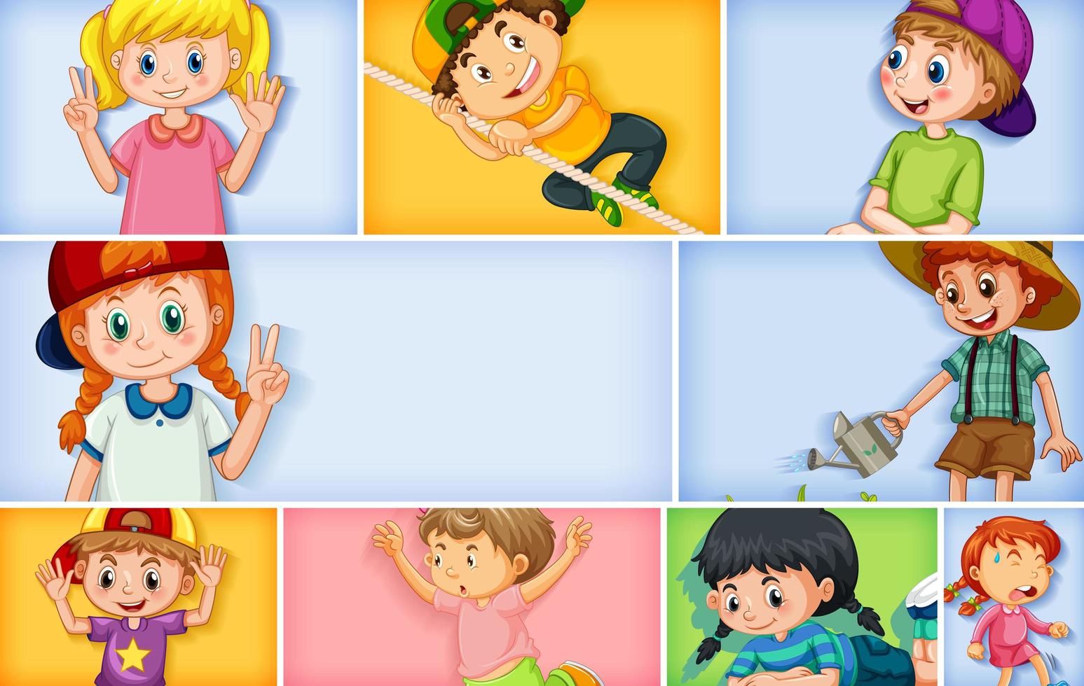 conjunto de diferentes personajes infantiles sobre fondo de color vector