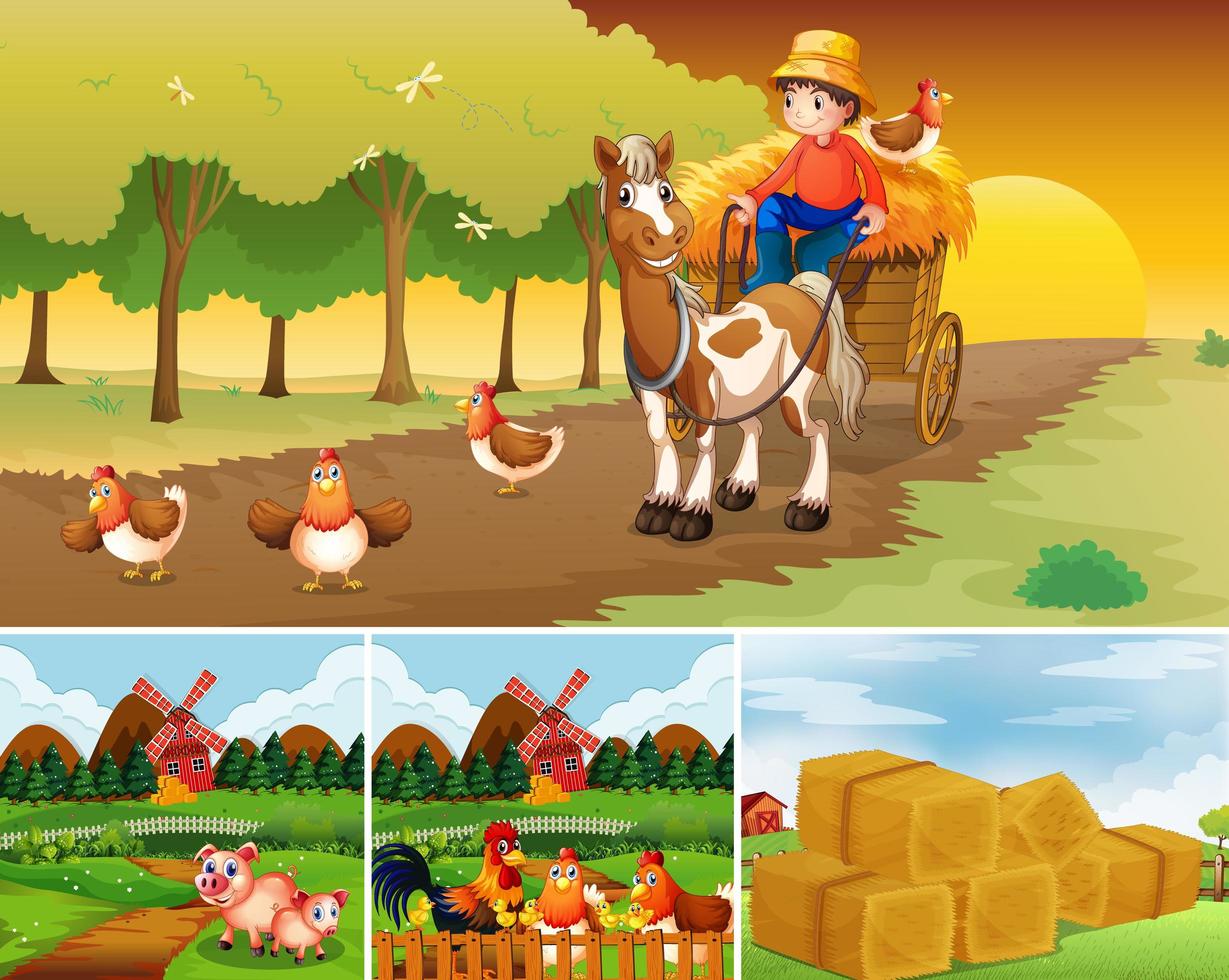 Conjunto de diferentes escenas de granja con granja de animales. vector