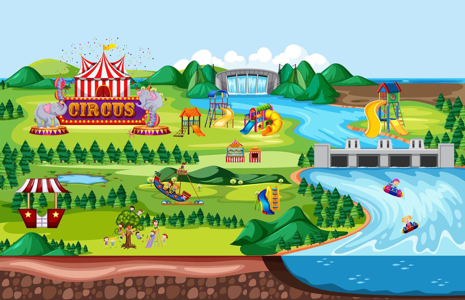 escena del paisaje del parque de atracciones temático vector