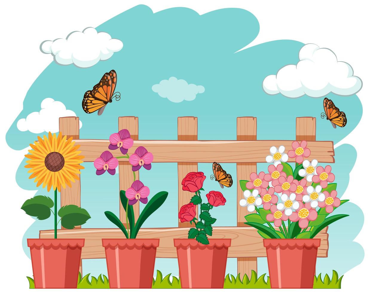 Garden scene with beautiful flowers and butterflies vector