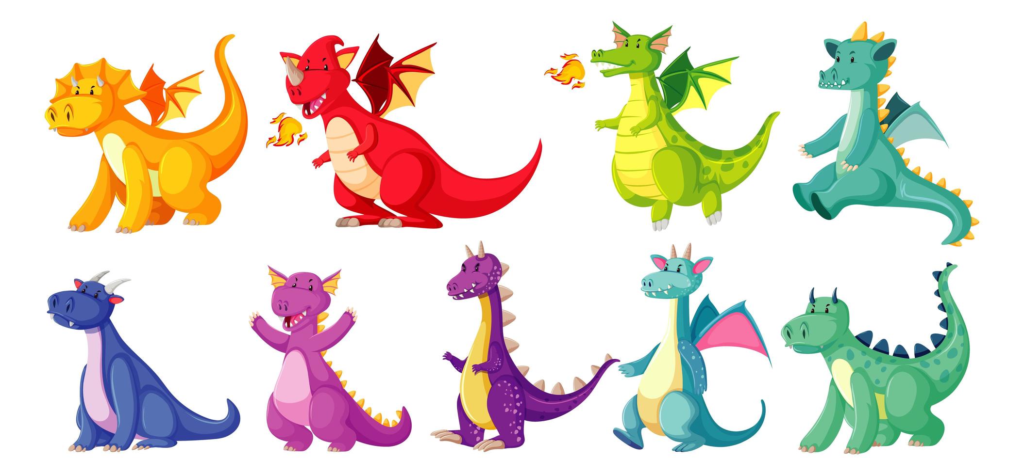 diferentes colores de dragones en estilo de dibujos animados vector
