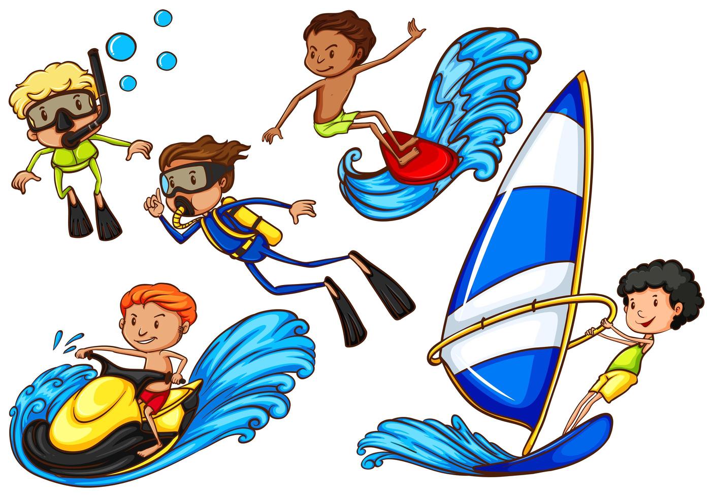 niños disfrutando de las actividades de deportes acuáticos. vector