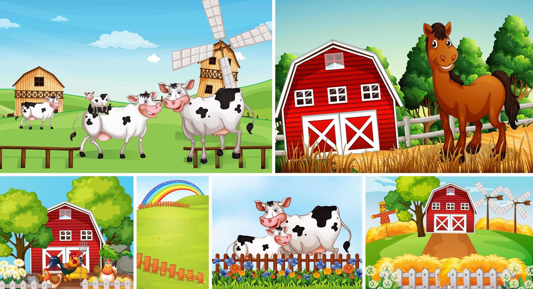 conjunto de diferentes escenas de la granja con animales. vector