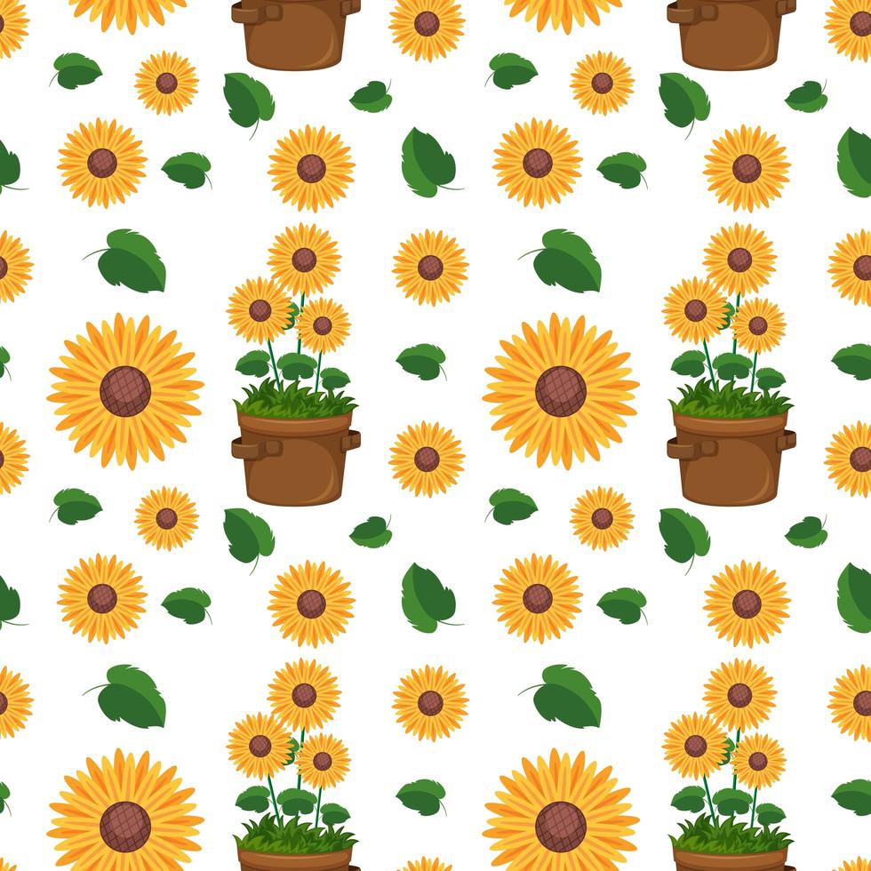 Seamless pattern with cute sunflowers and leaves vector