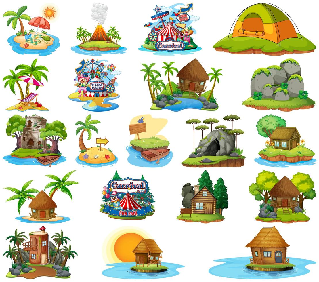 conjunto de bungalows, playas insulares y parques de atracciones vector