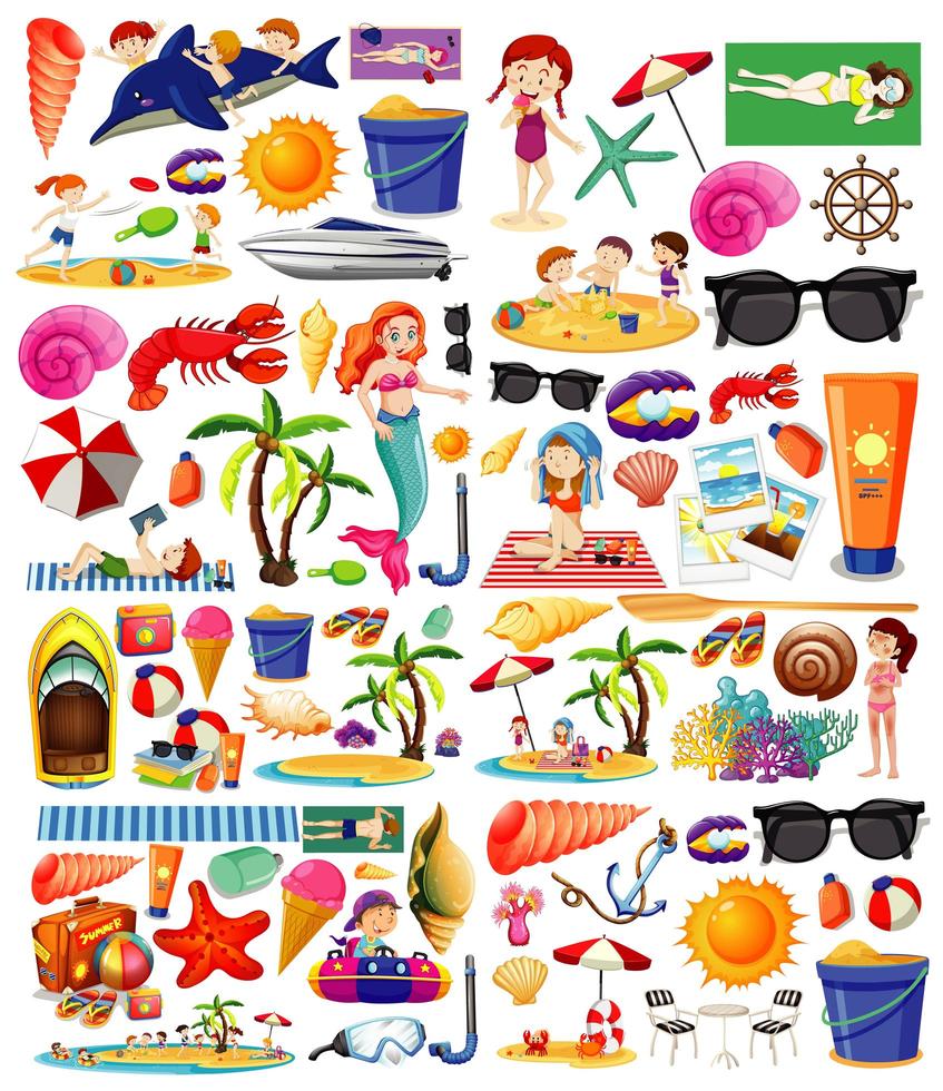 conjunto de estilo de dibujos animados de icono de playa de verano vector