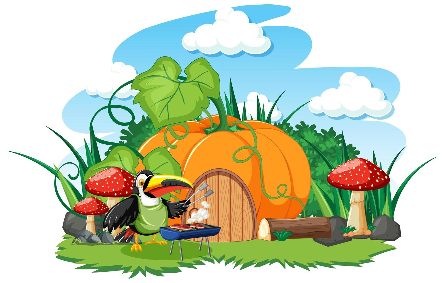 Pumpkin house with cute bird cartoon style on white background vector