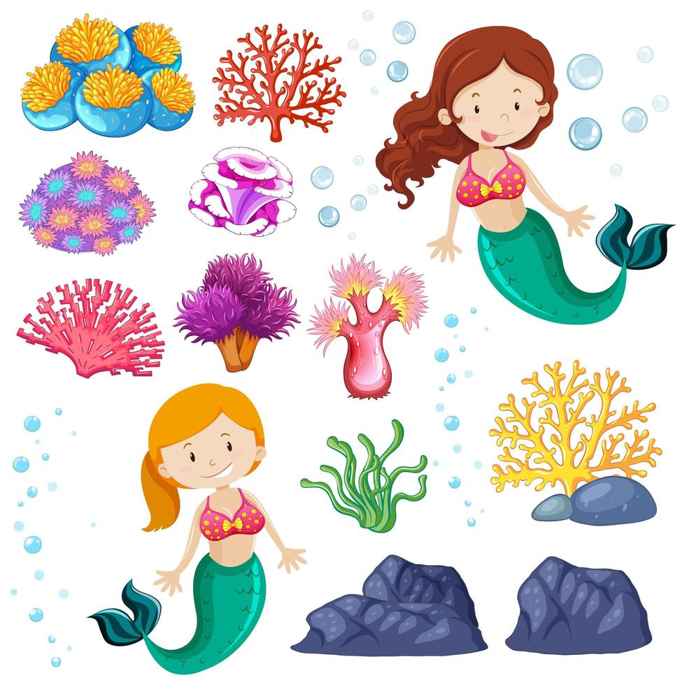 Set of cute mermaid and sea vector