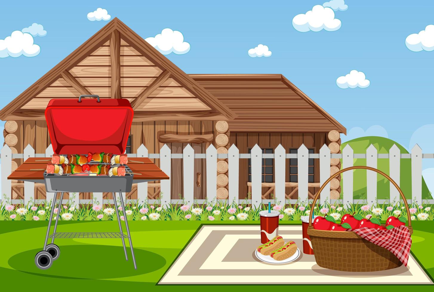 Picnic scene with BBQ grill in the garden vector