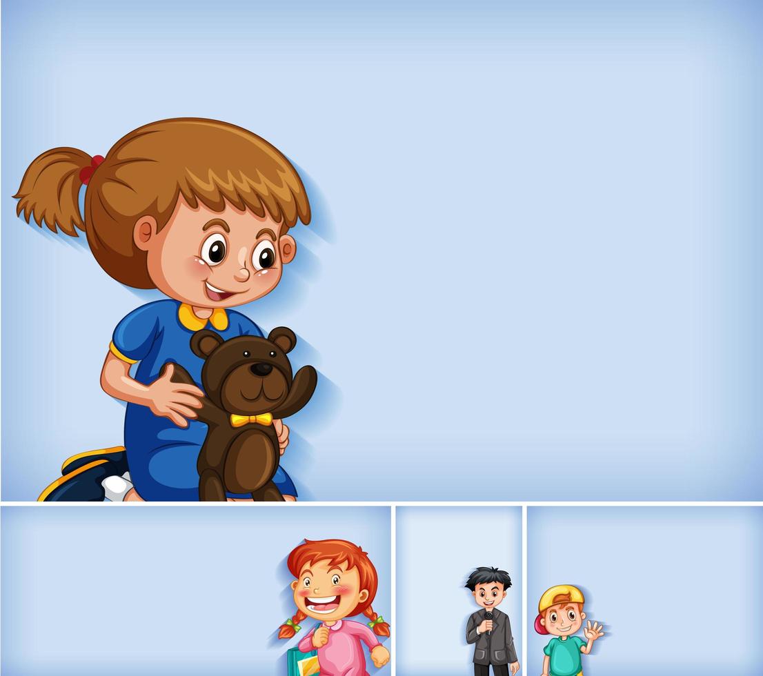 Set of different kid characters on blue background vector