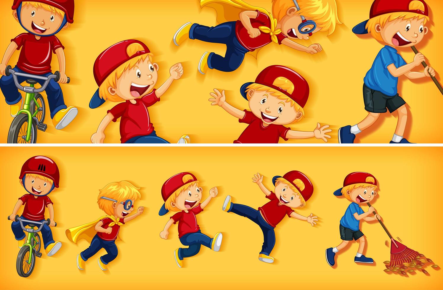 conjunto de personajes infantiles sobre fondo de color amarillo vector