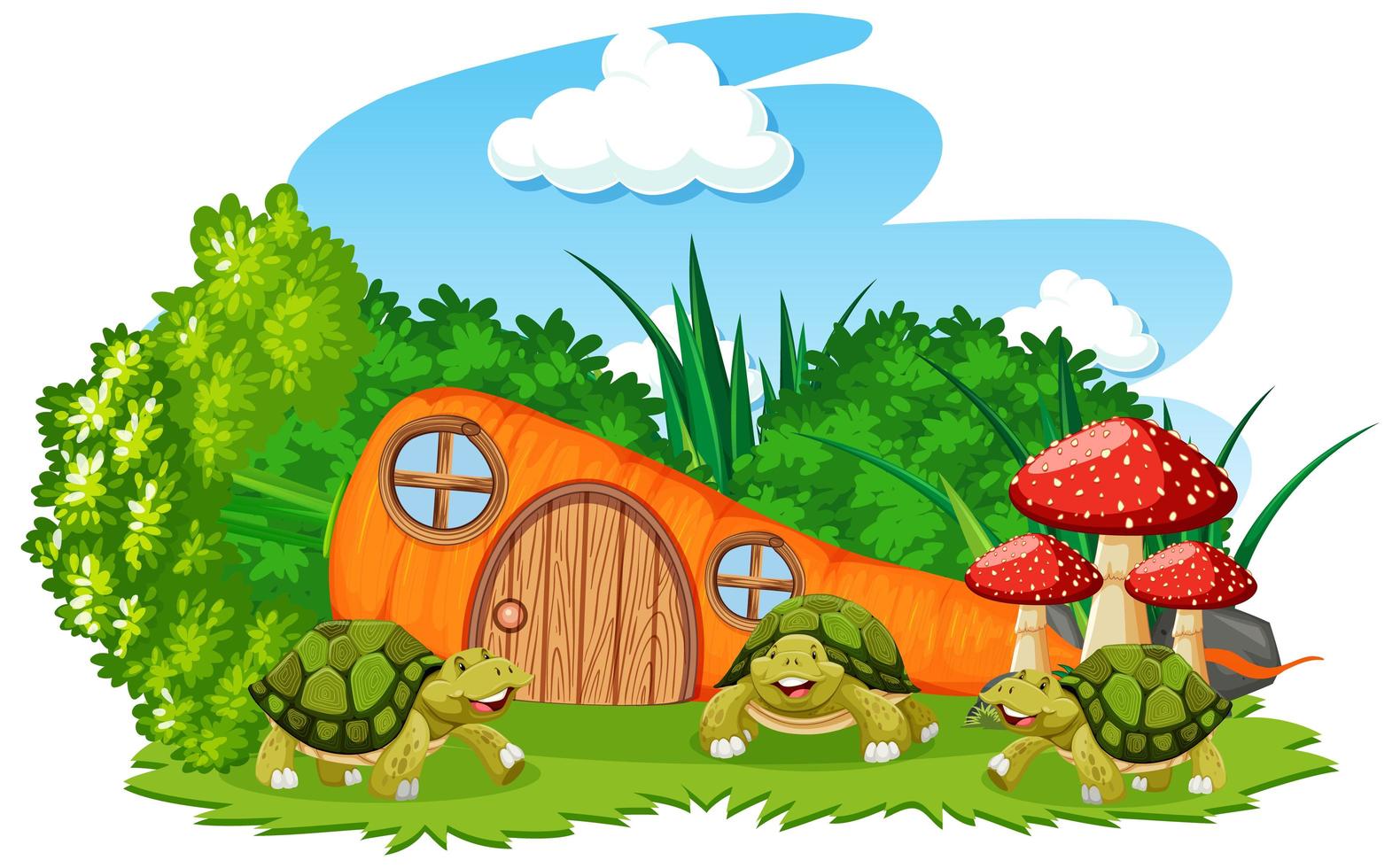 Carrot house with three turtles cartoon style  vector