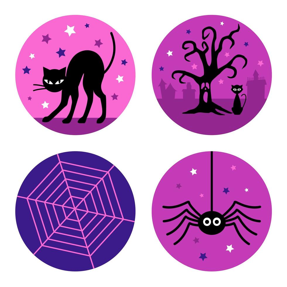 Purple Halloween black cat and spider graphics vector