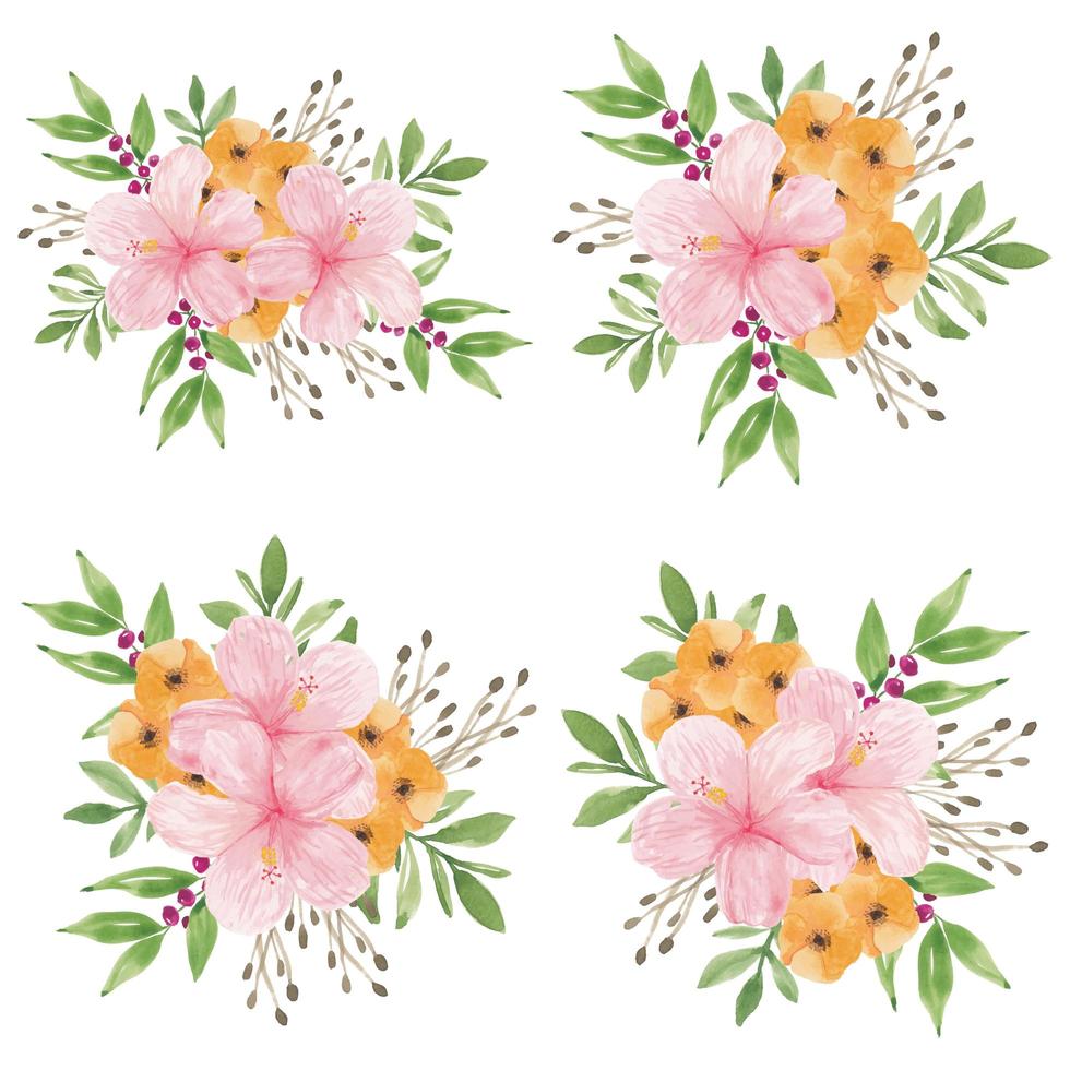 conjunto de ramos de flores de hibisco acuarela vector