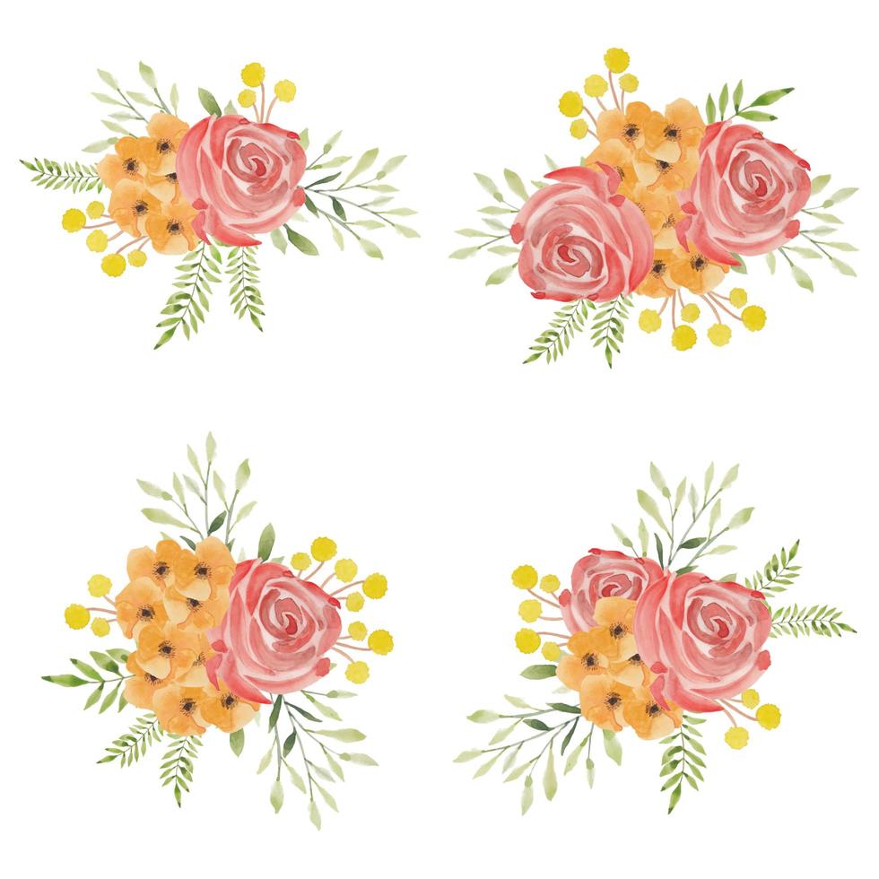 conjunto de hermoso ramo de flores rosas pintadas en acuarela vector