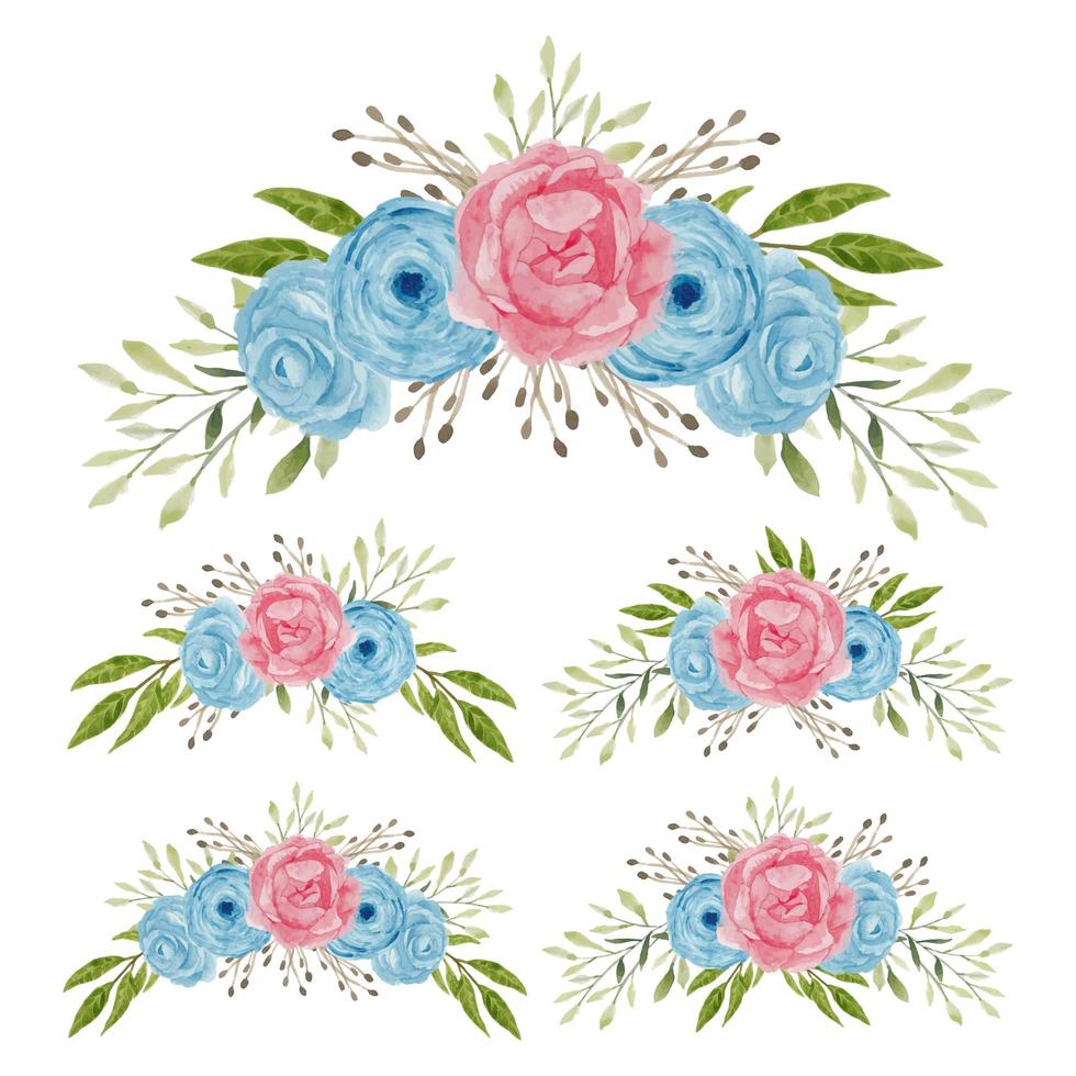 Blue and pink watercolor rose flower bouquet collection vector